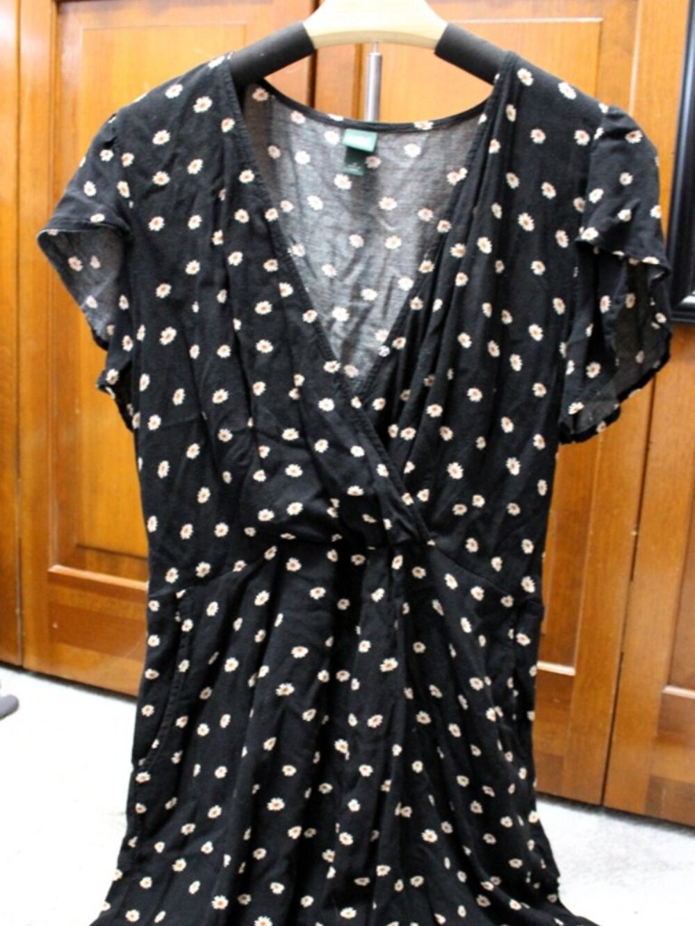 Cute Romper, tie front, short sleeve, v-neck, black w/flowers